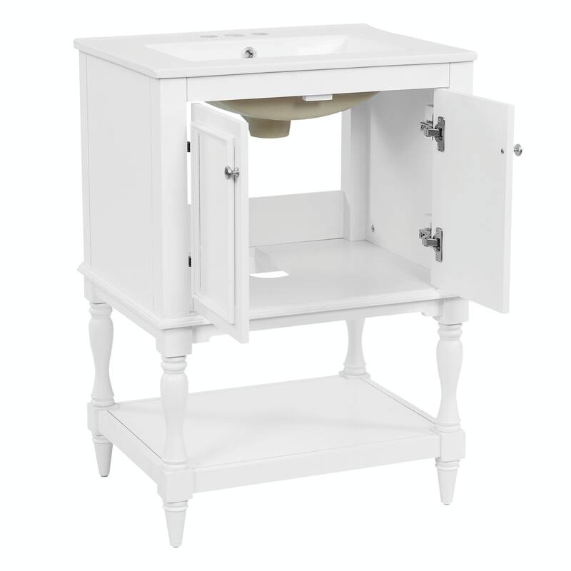 24" Modern Luxury Bathroom Vanity with Ceramic Sink, Freestanding Cabinet with Open Shelf and Enclosed Storage