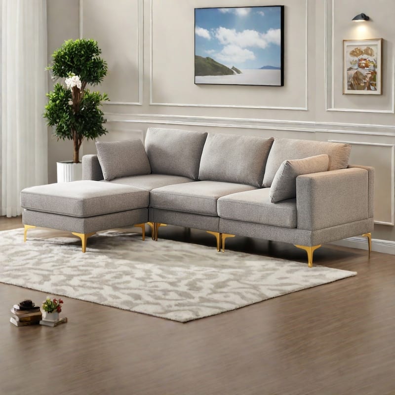 92.9" L-Shaped Fabric Sectional Sofa with Ottoman, Gold Metal Legs and High-Density Foam Seating