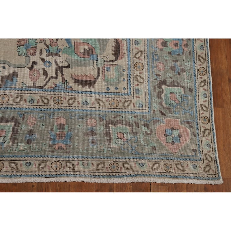 Geometric Beige Tabriz Persian Vintage Rug Hand-Knotted Wool Carpet - 8'3" x 11'0"