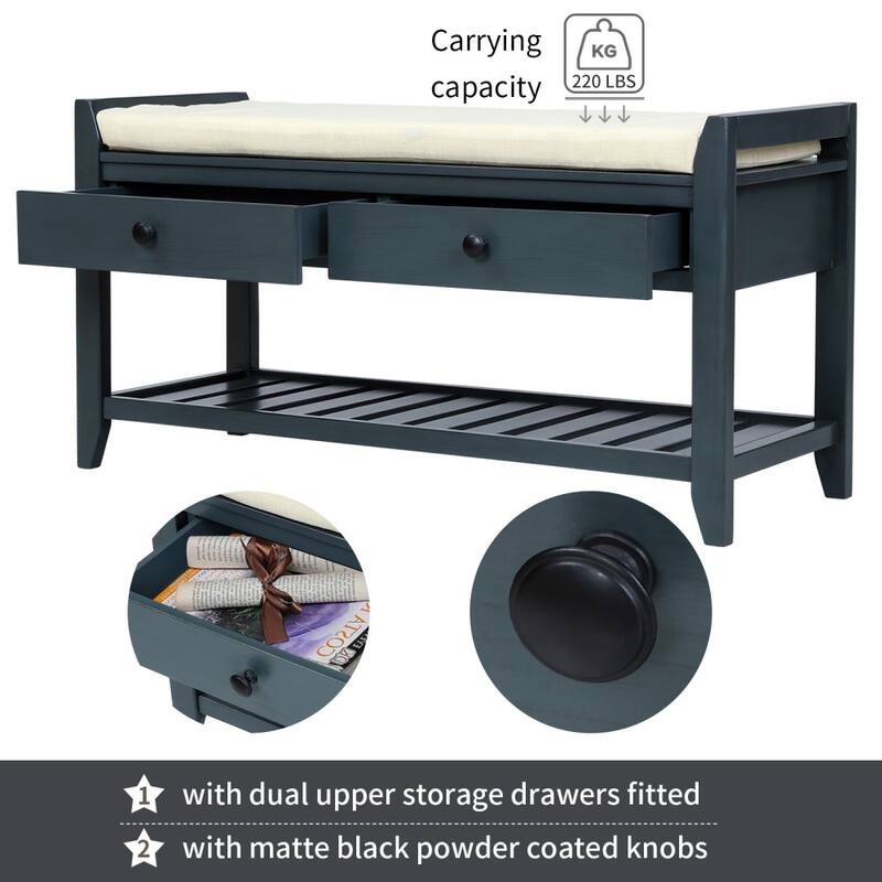 Multipurpose Entryway Storage Bench, Shoe Rack with Cushioned Seat, Drawer