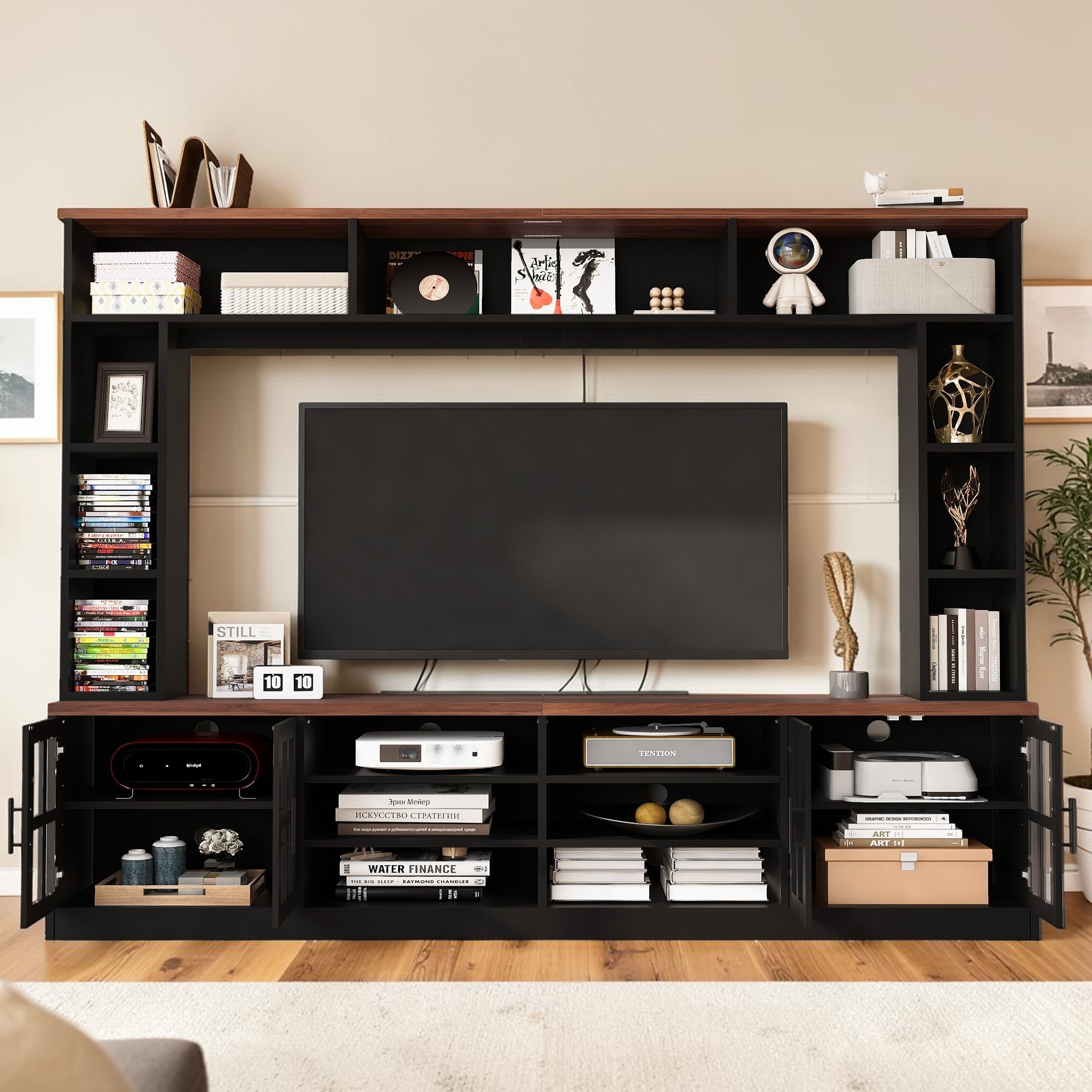 95.5'' Wall Unit Entertainment Center for TVs up to 80 Inch with Bookshelves and Glass Door Cabinets