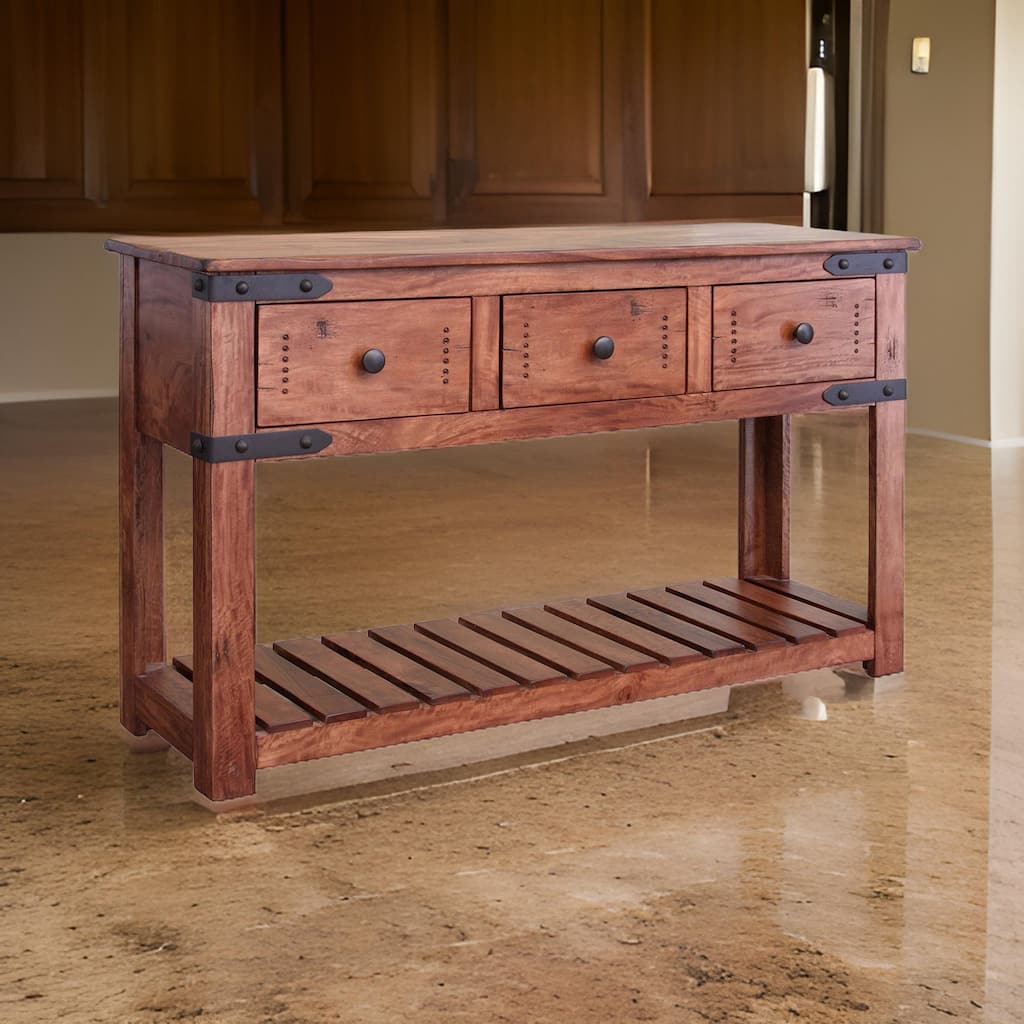 55 Inch 3 Drawer Sofa Table Slatted Bottom Shelf Brown Mango Wood