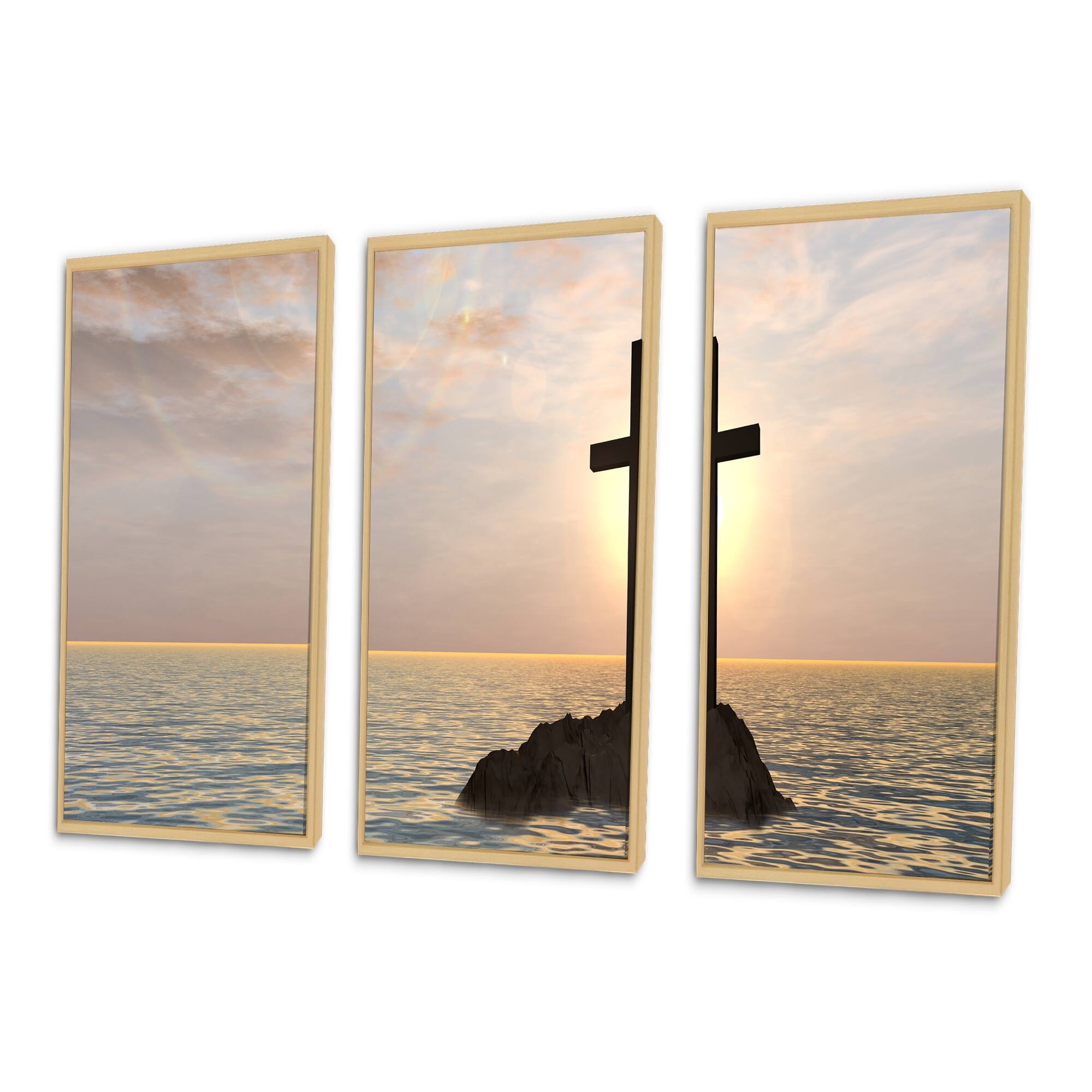 Designart "Jesus Christian Cross in Bay View" Religious Framed Wall Art