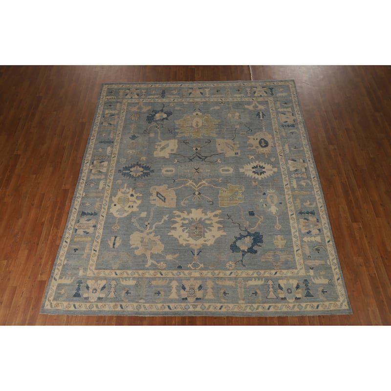 Hand Knotted Oriental 100% Wool Carpet Transitional All-Over Navy Blue & Blues Oushak Area Rug - 9' 11'' X 8' 6''