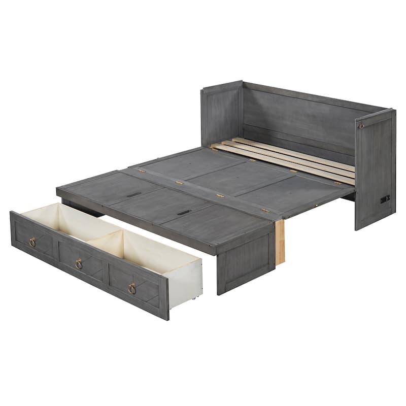 Full/Queen Murphy Bed with Built-in Power/USB Module, Wooden Foldable Wall Bed w/Large Storage Drawer for Home Office Guest Room