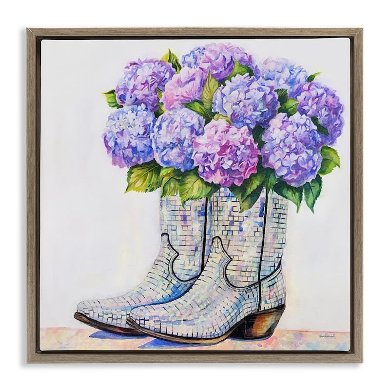Stupell Hydrangea Filled Cowgirl Boots Framed Floater Canvas Wall Art Design By Amanda Greenwood - 18 x 18 - Brown