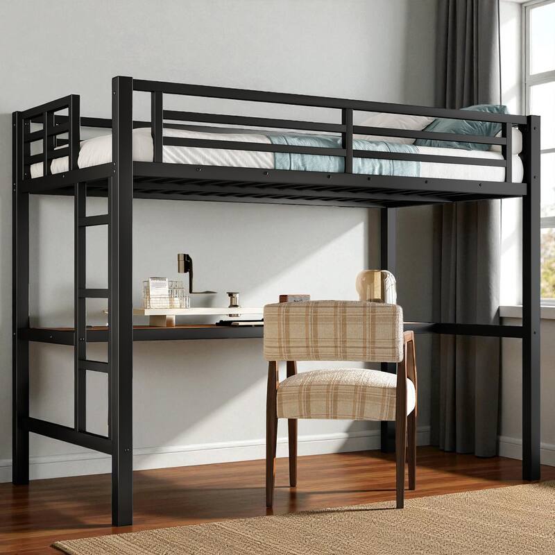 Metal Twin/Twin XL Loft Bed with Desk, Power Outlet & LED Lights, Space-Saving Noise-Free Frame for Study or Gaming Area
