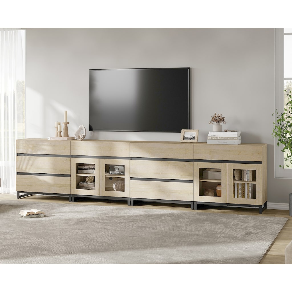 Modern 4 in 1 TV Stand for 120" TVs, Console with Glass Doors & 8 Drawers, Entertainment Center