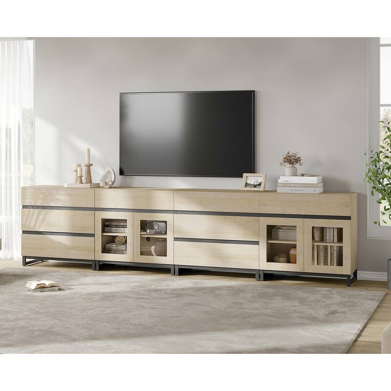 Modern 4 in 1 TV Stand for 120" TVs, Console with Glass Doors & 8 Drawers, Entertainment Center - 126 inches - Beige