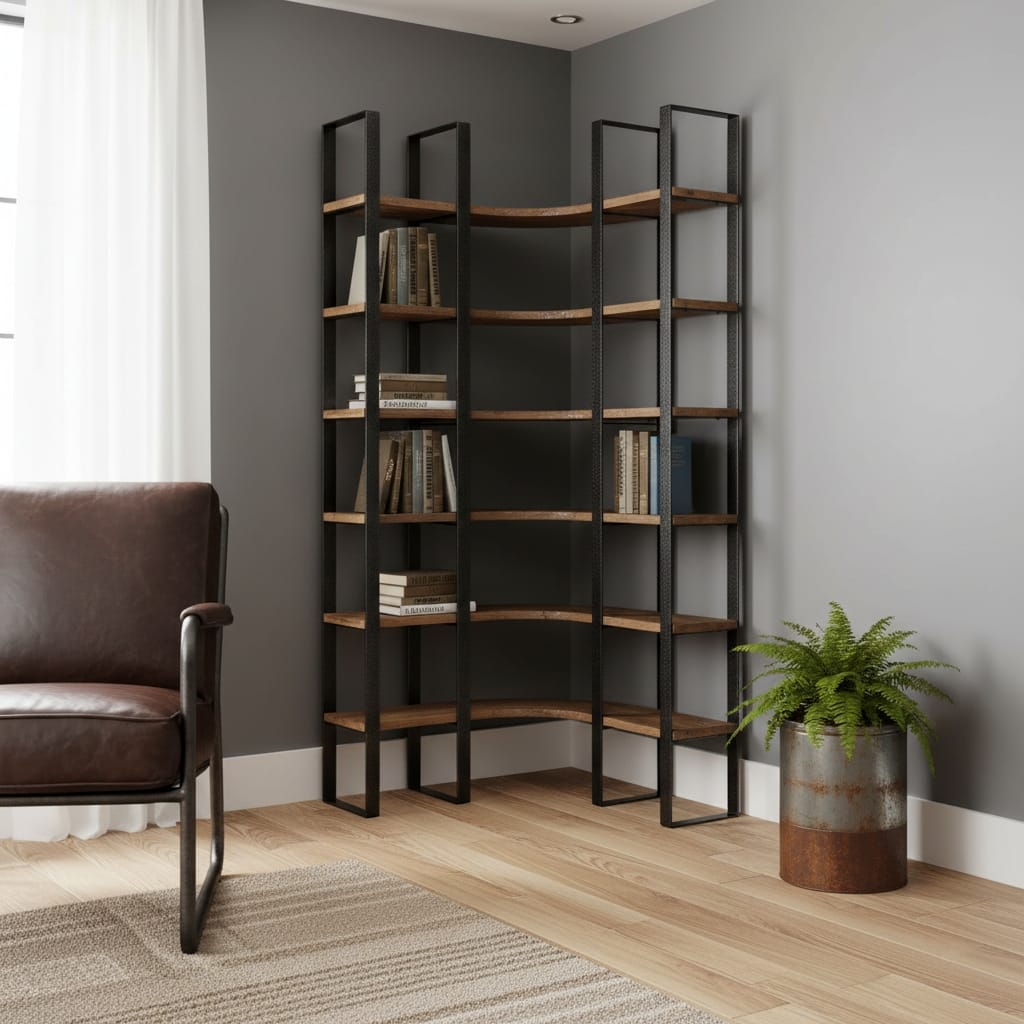 HomeRoots 90" Black And Brown Iron and Wood Six Tier Bookcase