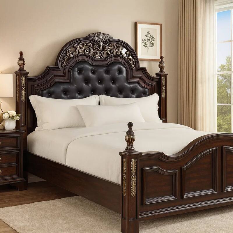 Leatherette and Wood Queen Headboard with Carving and Mirror Inlay, Brown