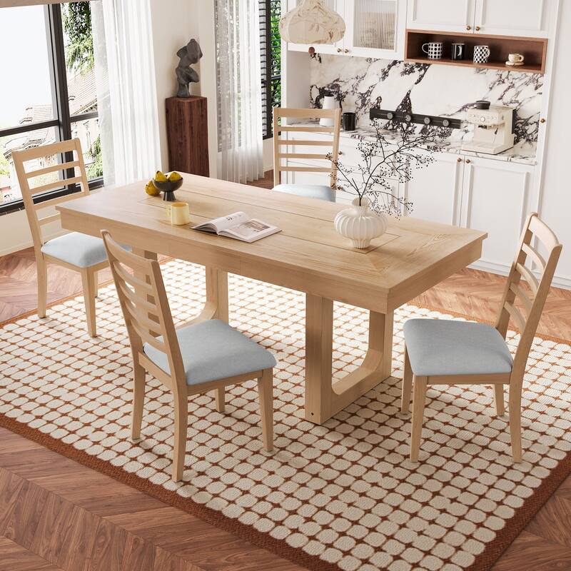 5/7-Piece Set, 60-78" Extendable Dining Table with Upholstered Chairs - 5-Piece - Natural
