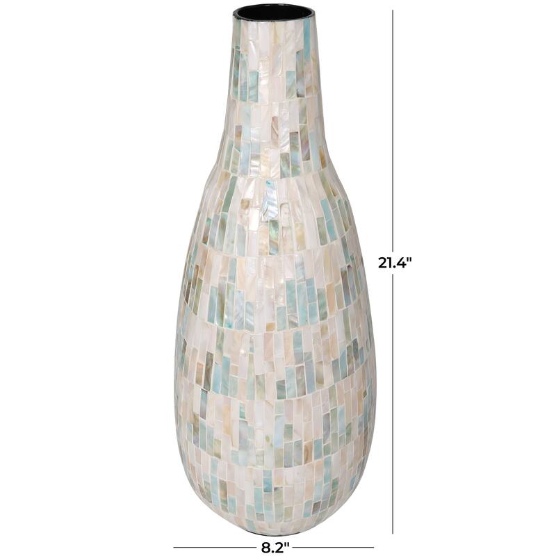 White Mother of Pearl Shell Handmade Mosaic Inspired Decorative Vase with Pastel Blue and Pink Accents