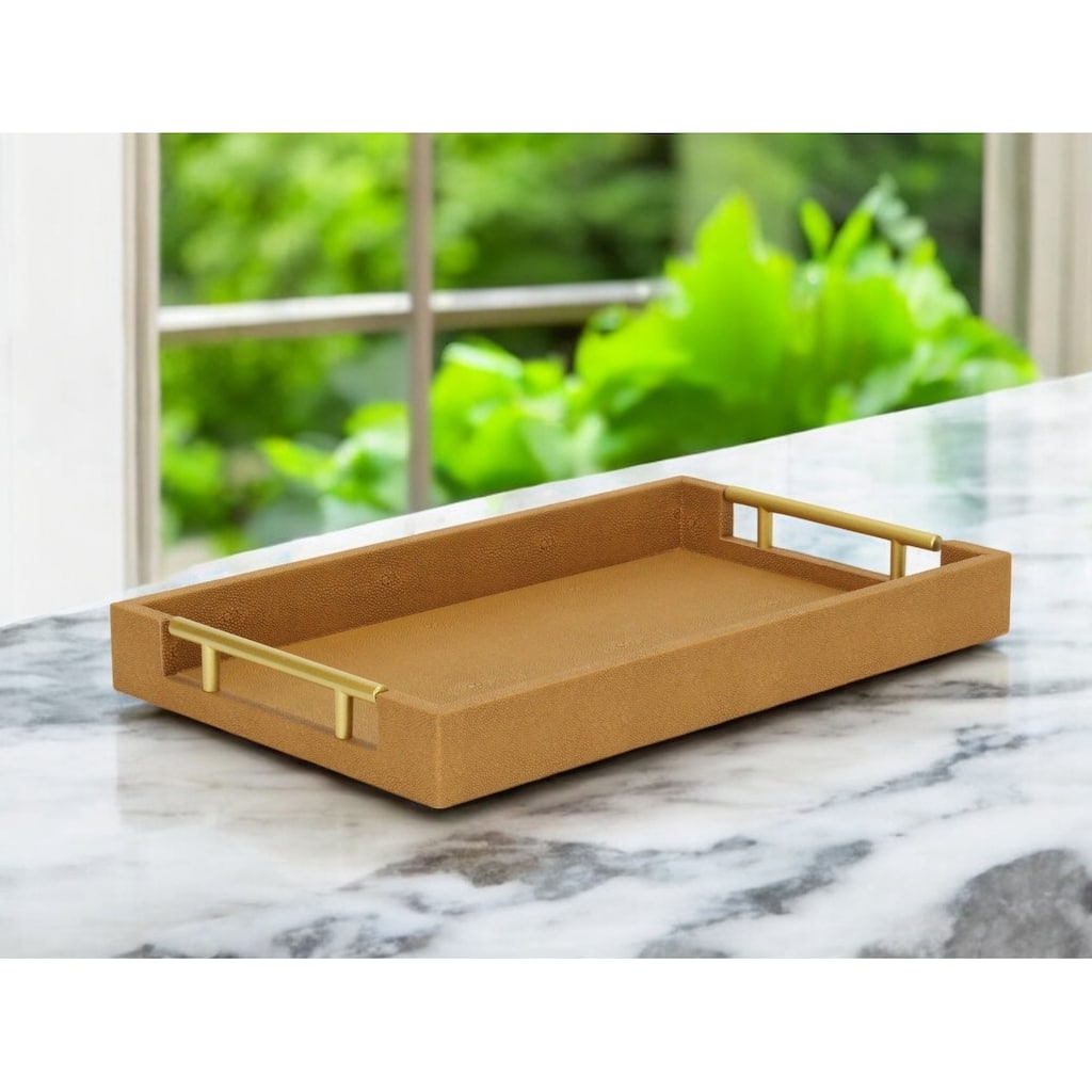 HomeRoots 16" Camel Brown Wood Faux Shagreen Serving Tray With Handles