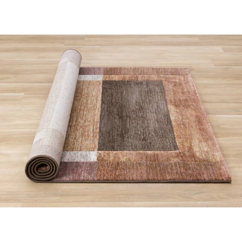 Amelia Collection - Dense Layered Blocks Brown Cream Grey Area Rug