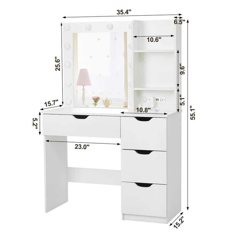 Modern Makeup Vanity with Mirror and Lights, 4 Drawers, 2 Shelves