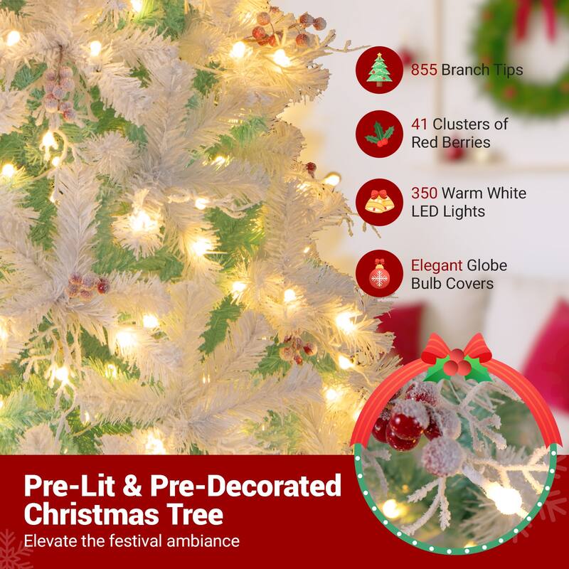 Gymax 7 FT Pre-Lit Artificial Christmas Tree w/855 Snow Flocked Branch