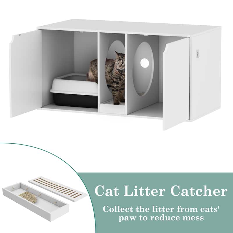 Hidden Cat Litter Box Enclosure Furniture, Cat Washroom w/Double Room