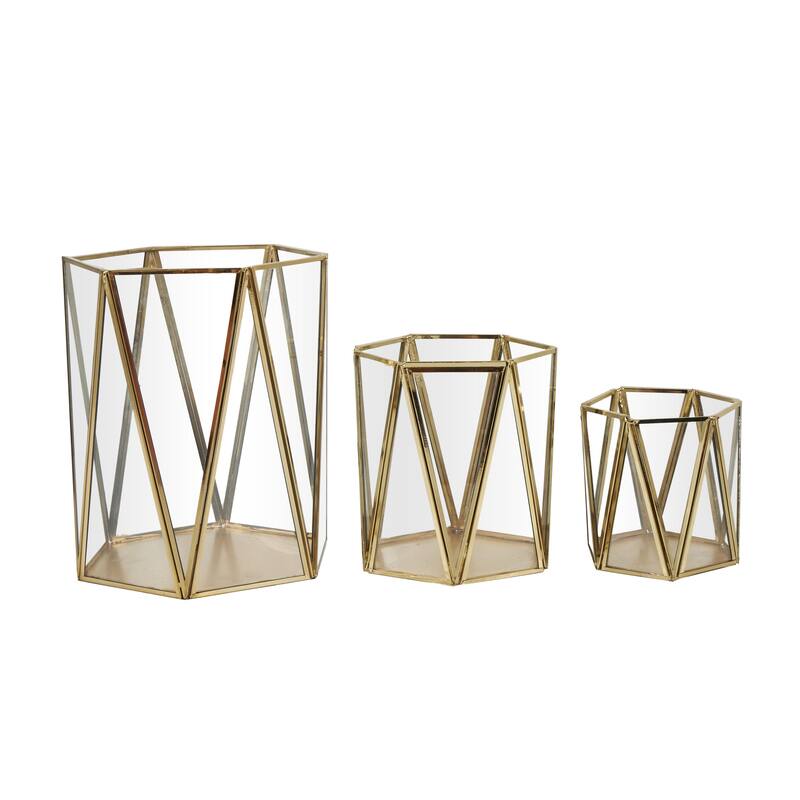 Metal Geometric Triangle Patterned Hexagon Indoor Outdoor Candle Lantern - Set of 3 Gold - CosmoLiving by Cosmopolitan