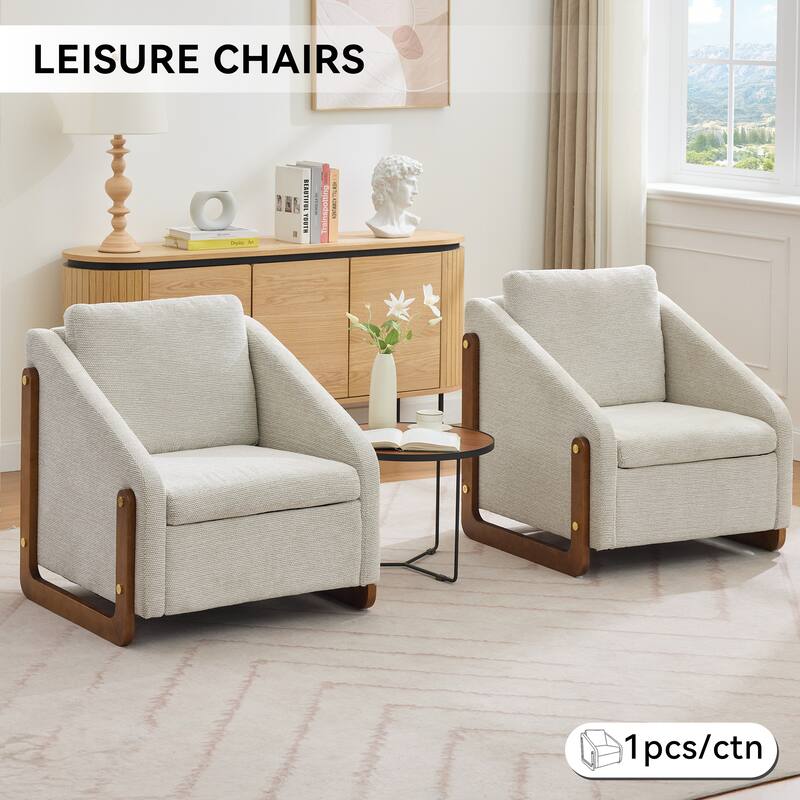 Modern Chenille Upholstered Armchair with Wooden Side Frame, Single Accent Leisure Chair with Backrest for Living Room, Bedroom
