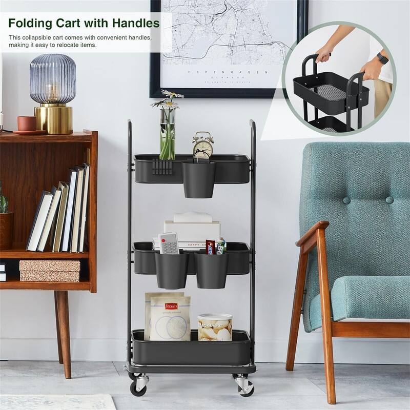 3 Tier Foldable Rolling Cart - 15"D x 17.2"W x 36.6"H
