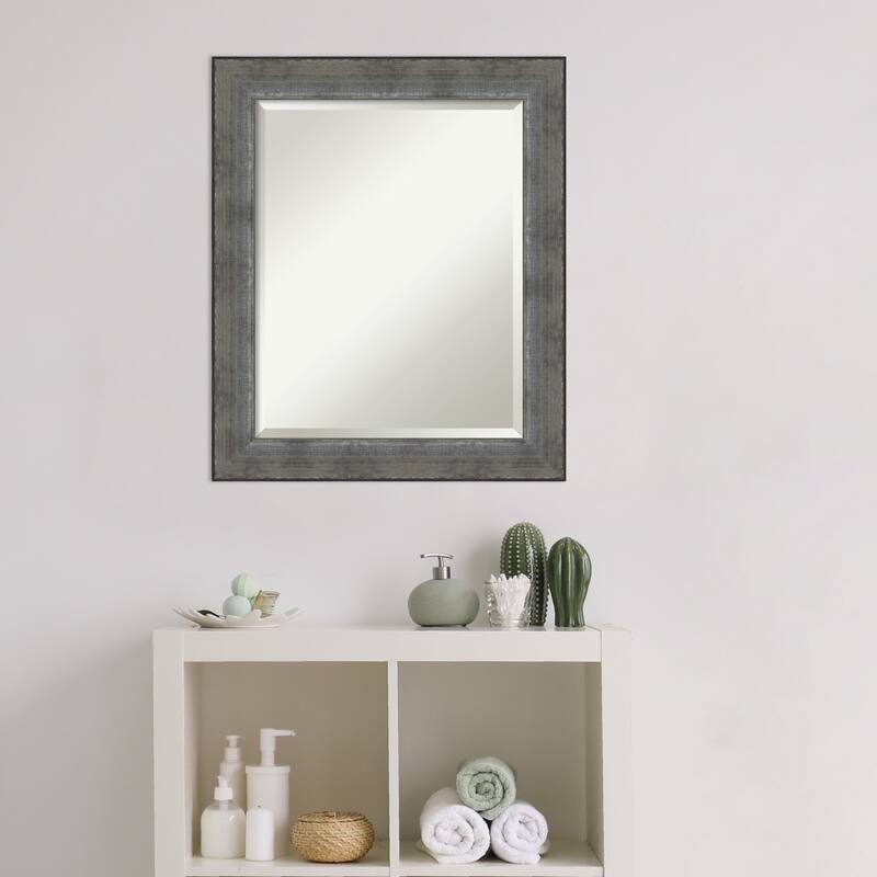 Beveled Wood Bathroom Wall Mirror - Forged Pewter Frame - Forged Pewter