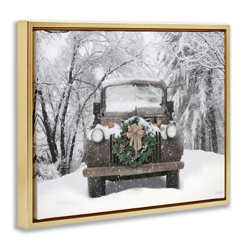 Stupell Wreathed Truck in Snow Framed Floater Canvas Wall Art Design By Lori Deiter