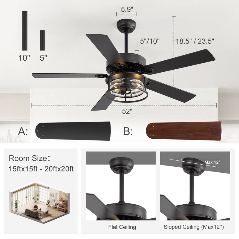 52-inch Reversible Wood 5-Blade Caged Ceiling Fan with Light and Remote