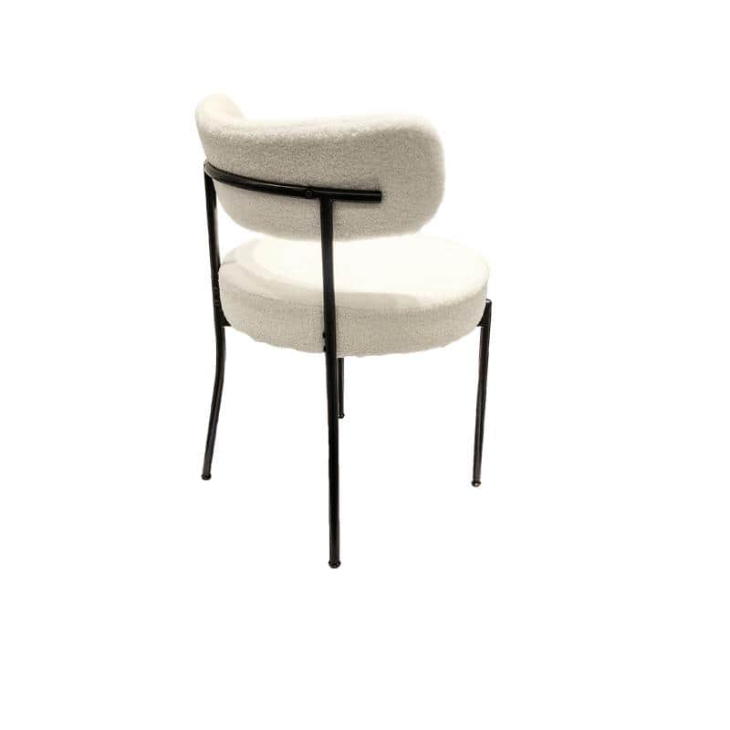 Mid-Century Modern Boucle Dining Chair - White Upholstered Curved Backrest with Black Metal Legs