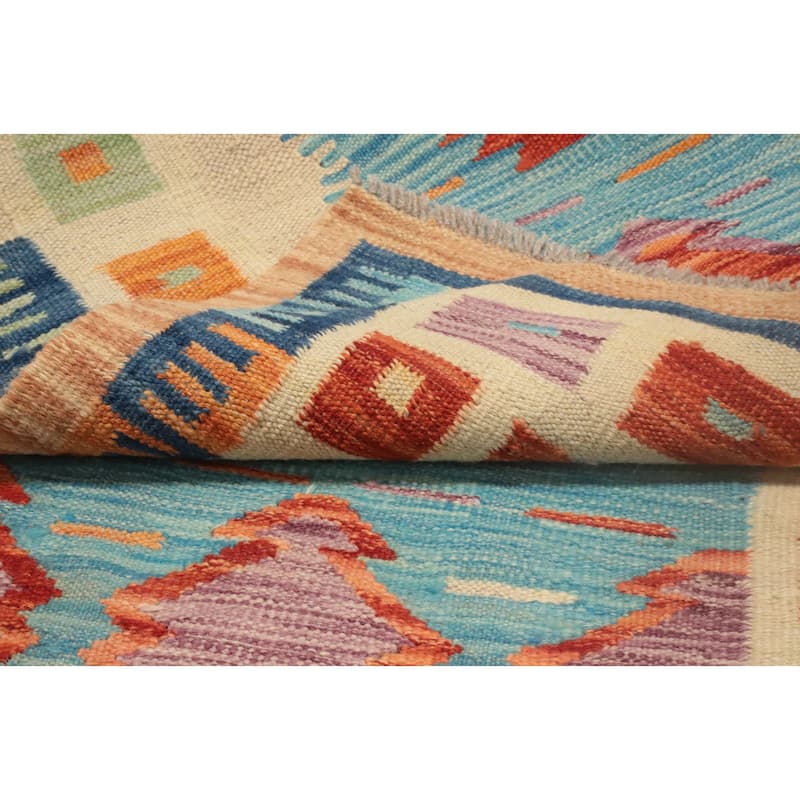 Hand Woven Oriental 100% Wool Carpet Southwestern Tribal Navy Blue & Blues Kilim Runner Rug - 10' 10'' X 2' 4''