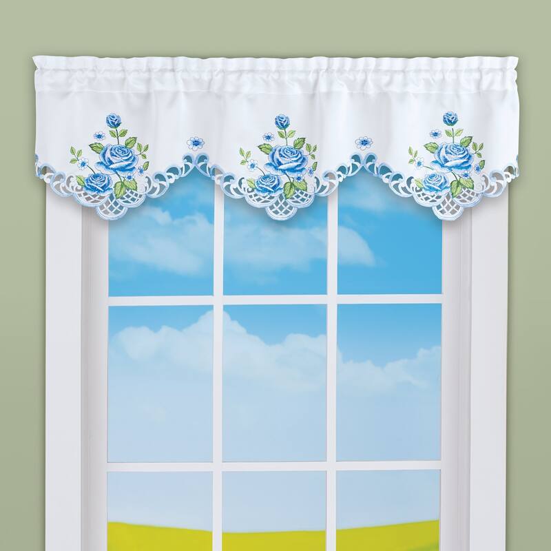 Embroidered Rose Clusters and Greenery Window Valance - 6.250 x 5.250 x 1.250 - Blue