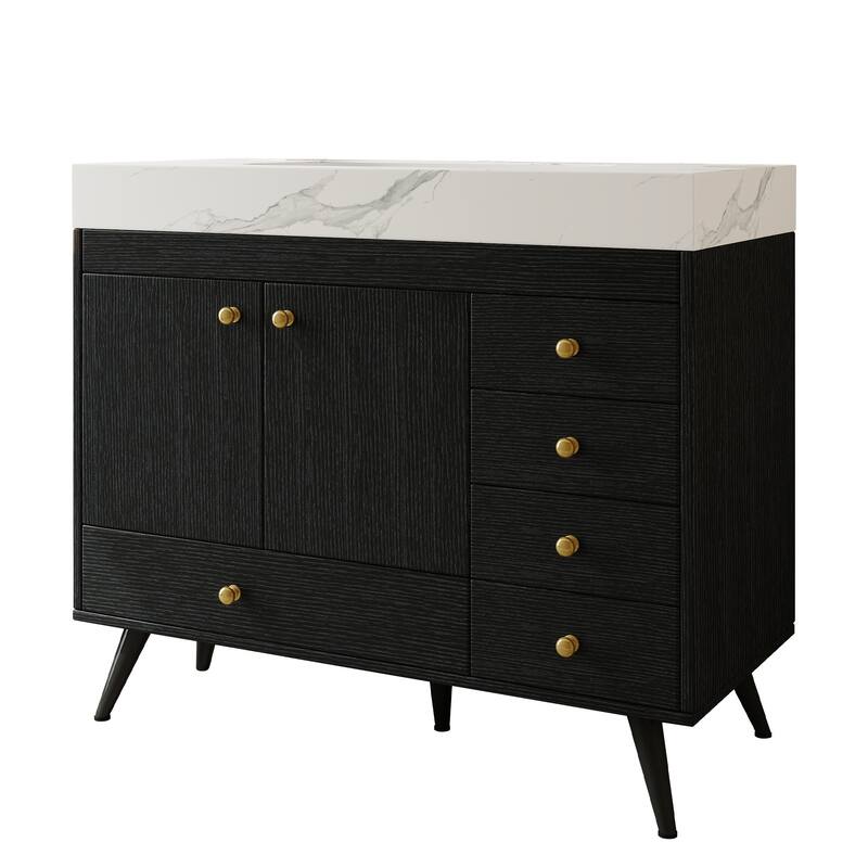 36" Freestanding Bathroom Vanity with Faux Marble Top, Ceramic Sink, 5 Drawers & Stainless Steel Legs