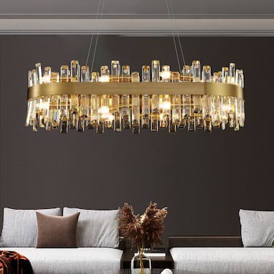 36 in. Modern Crystal Chandeliers 16-Light Brass Gold Rectangular Chandelier Glam Oval Pendant Light for Dining Living Room