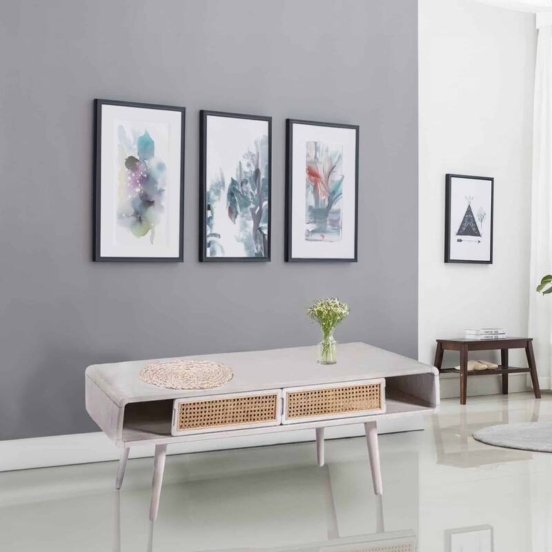 Cambria Wood and Cane Rectangular Coffee Table - Whitewash - Veneer