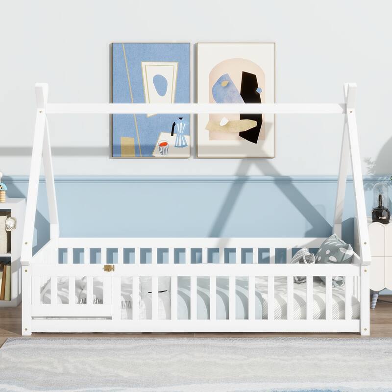 Tent-Shaped Floor Bed, Wooden Kids Teepee Bed with Fence and Door