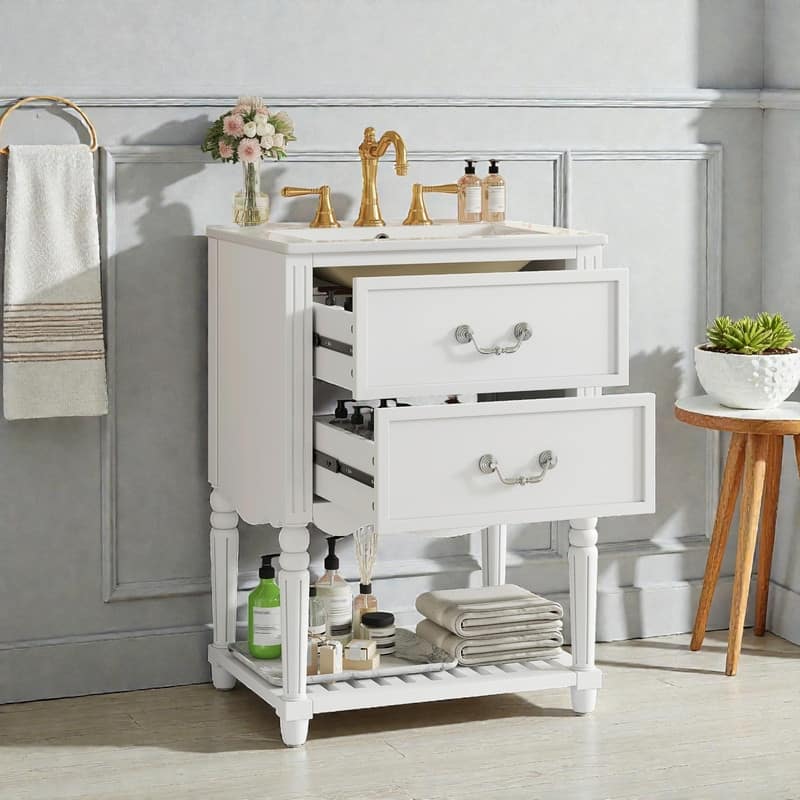 24'' Vintage Bathroom Vanity with Ceramic Sink, Freestanding Cabinet with 2 Drawers, Open Shelf
