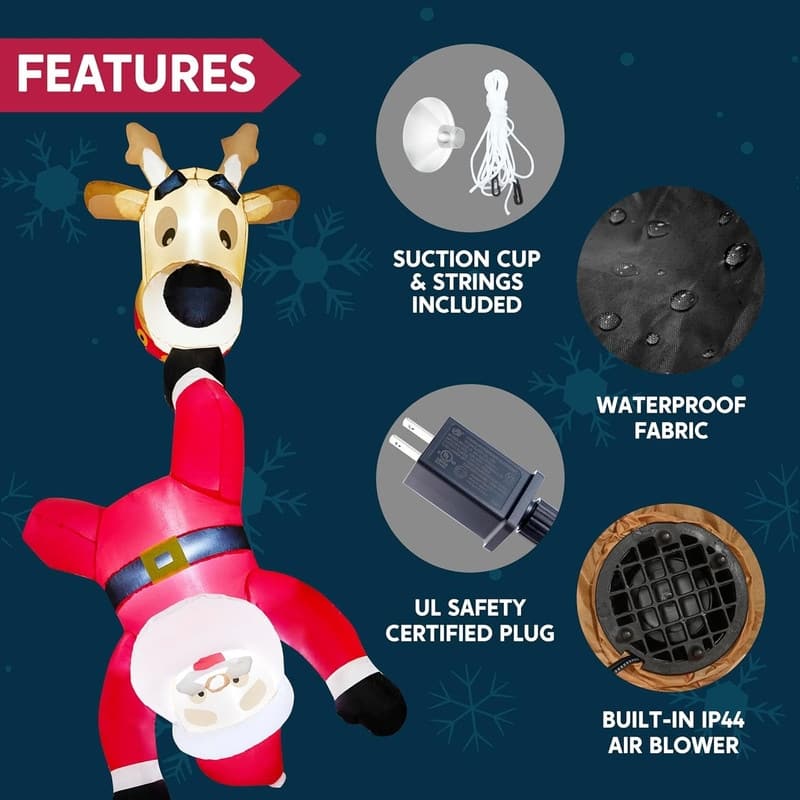 6 FT Tall Christmas Inflatable Falling Santa with Reindeer Broke Out from Window, Blow Up with Build-in LED - Multicolor