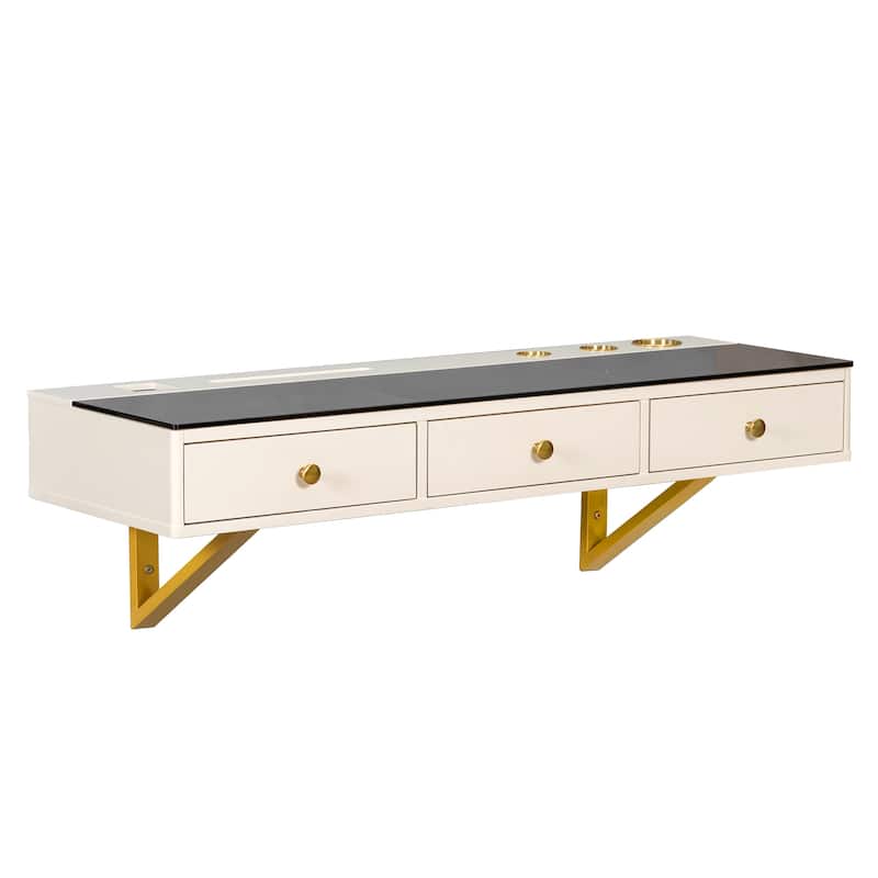 47 inch Floating Shelf with Drawer Multi Purpose Wall Mounted Vanity Table White Golden