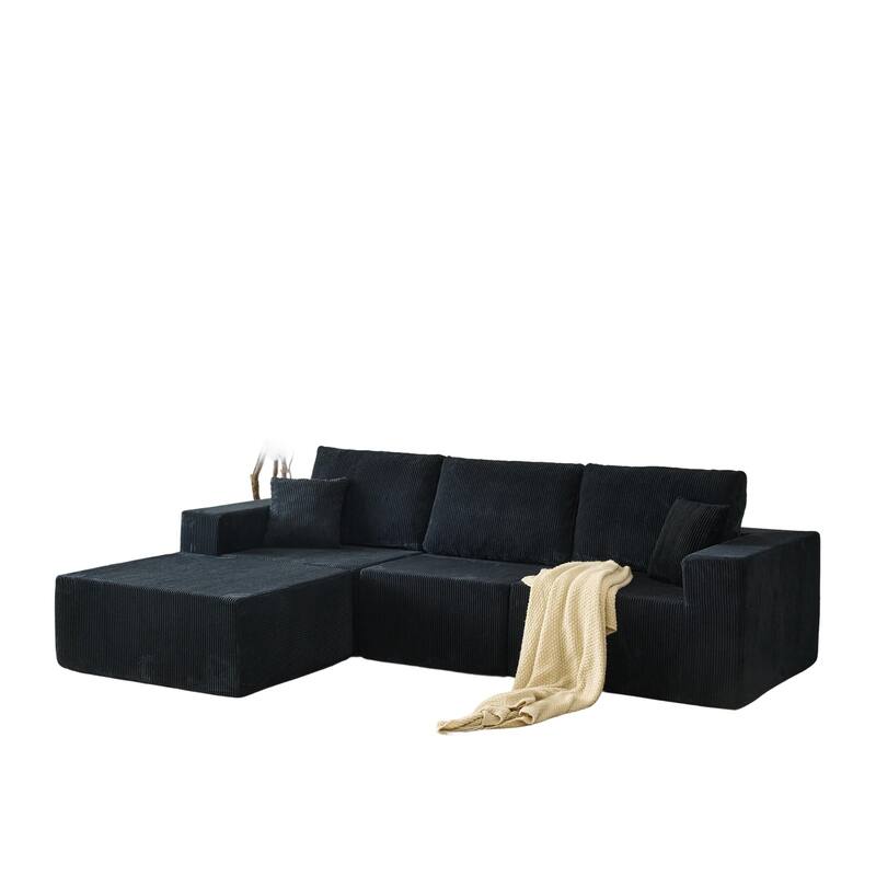 Modular L Shaped Sectional Sofa with Ottoman, Corduroy Boneless Cloud Sofa, 3 Seater Upholstered Sofa with 2 Pillows