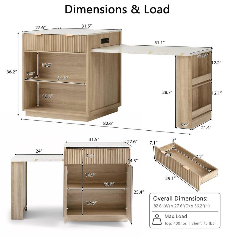 82.6" Fluted Kitchen Island with Extendable Dining Table and Power Outlet for Modern Kitchen Spaces