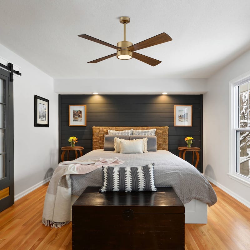 52" Natural Brass Modern Downrod Mount LED Ceiling Fan with Light and Remote