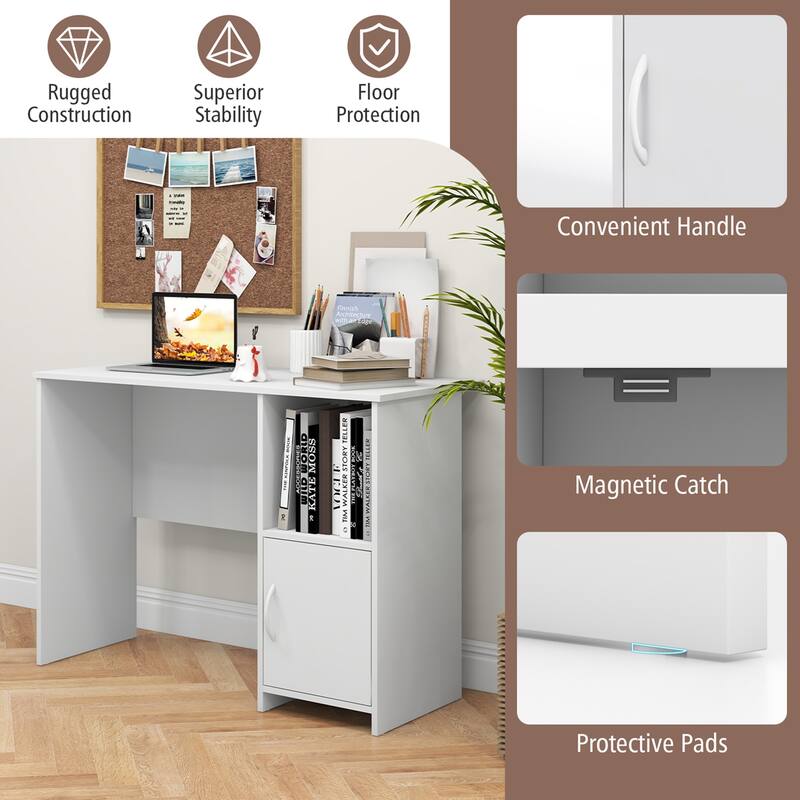 Costway Modern Computer Desk with Cabinet Cable Holes & Open Shelf