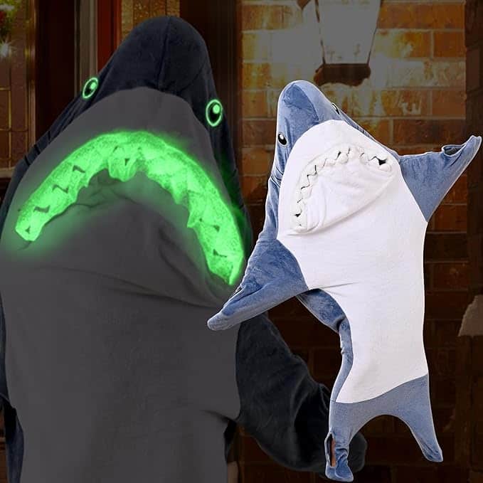 Shark Snuggle Hoodie with Shiny Eyes and Teeth, Flannel Shark Blanket, Shark Onesie Sleeping Bag - Medium
