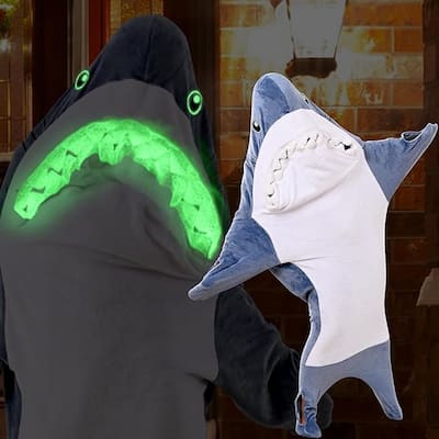 Shark Snuggle Hoodie with Shiny Eyes and Teeth, Flannel Shark Blanket, Shark Onesie Sleeping Bag