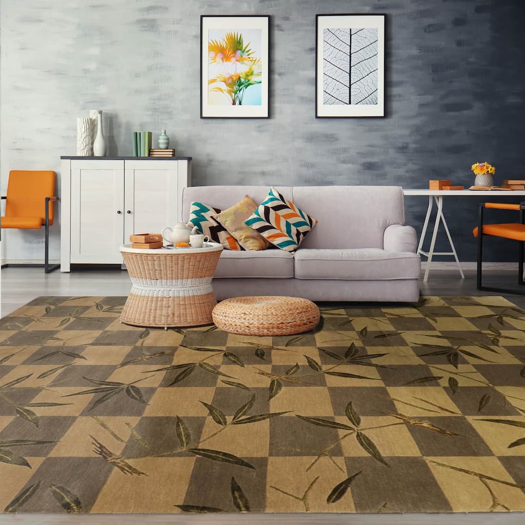 Hand Knotted Tibetan Green Floral Wool Transitional Oriental Area Rug - 6' x 9' 2''