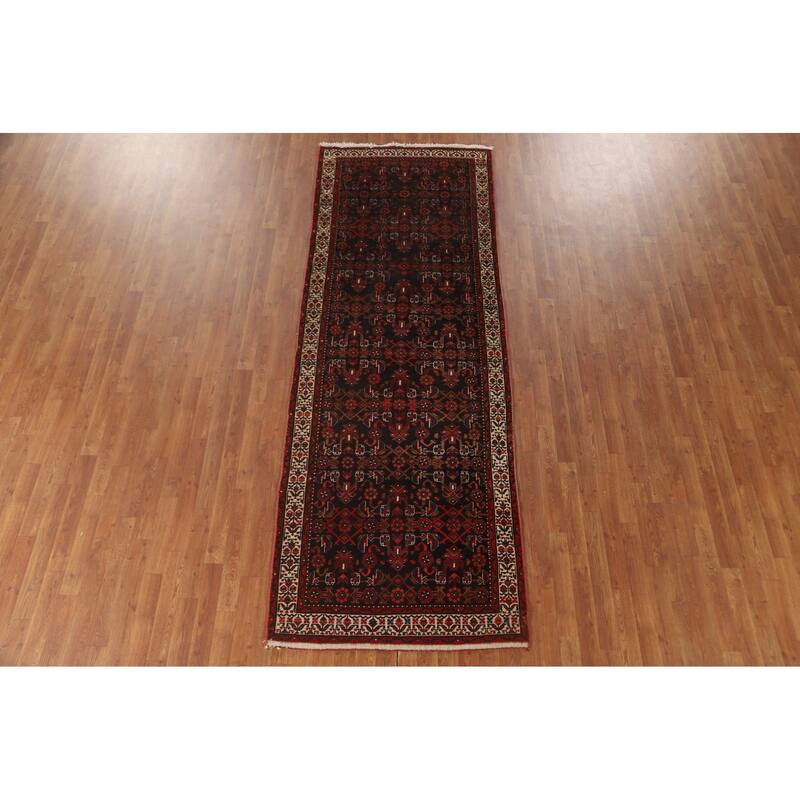 All-Over Hamedan Persian Vintage Runner Rug Hand-Knotted Wool Carpet - 3'8" x 10'2"
