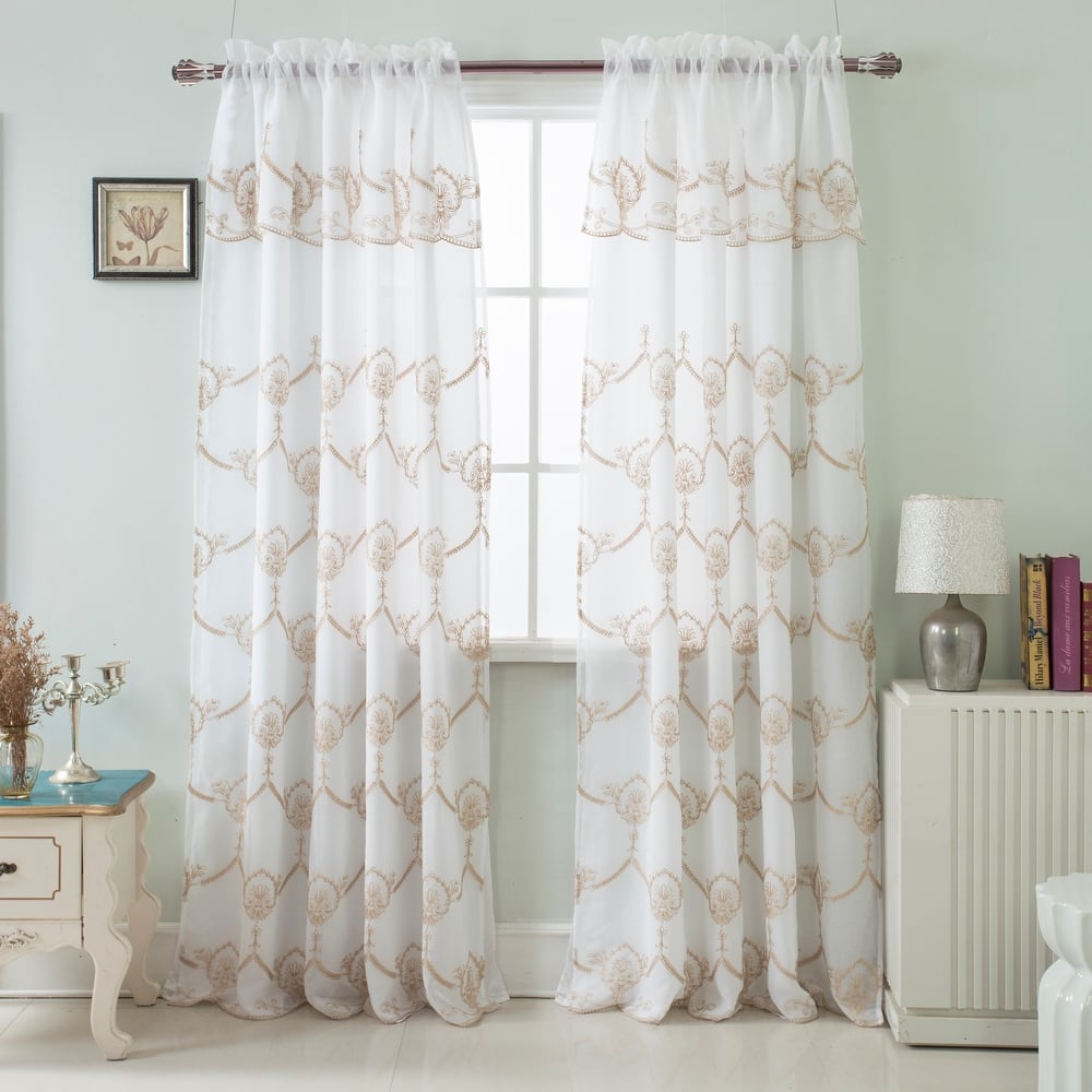 Embroidered Window Curtain Panel with Attached Valance 90"