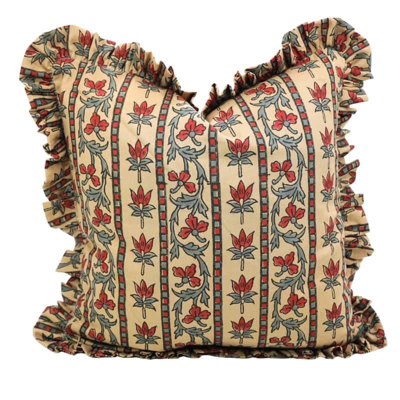Fabdivine Viscose Linen Floral Frill Pillow Cover Both Side Print Hand Block Cushion - Laxmi- Brown, Red, Grey - 14" x 20" - Cover Only