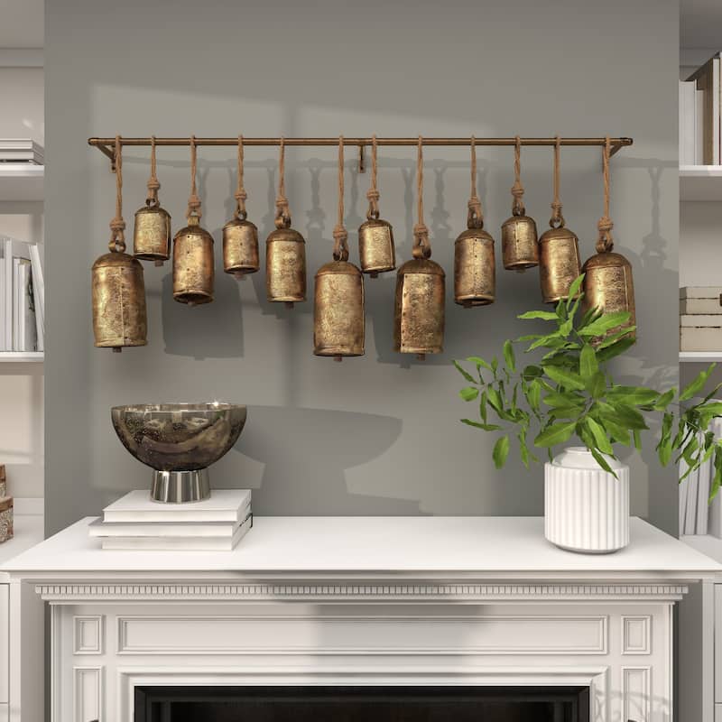 Metal Tibetan Inspired 12 Bell Decorative Cow Bells with Hanging Ropes and Rod - Silver or Gold - Roche River Decor