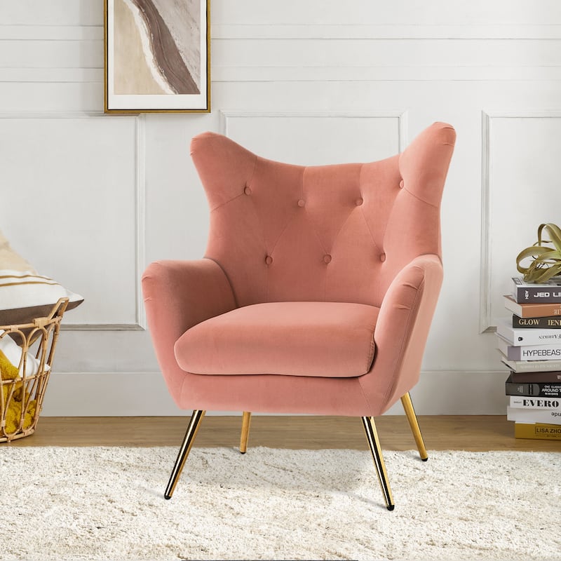 Eusebio Tufted Velvet Accent Chair with Wingback, Arms, and Metal Gold Legs for Living Room or Bedroom by HULALA HOME